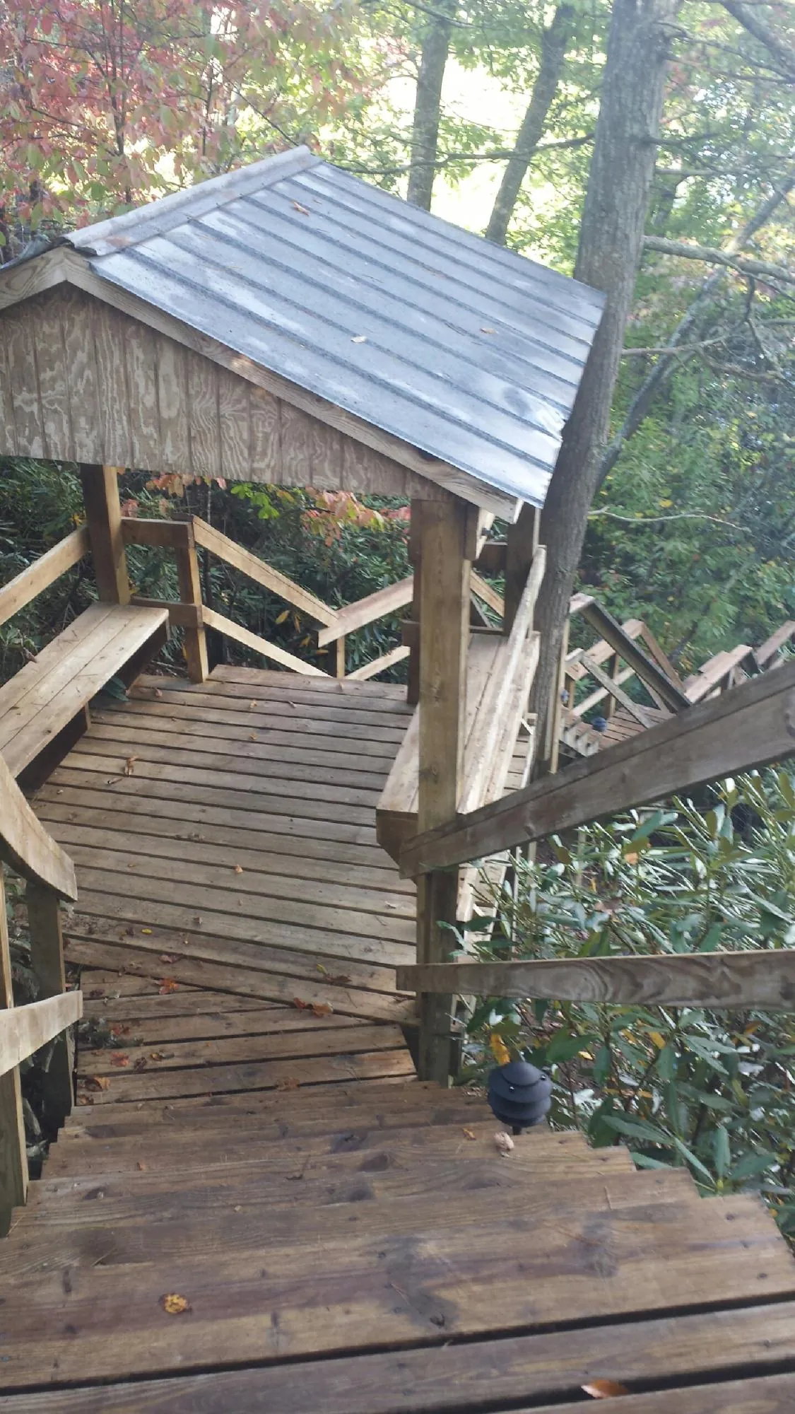 Metal roofed shelter over wooden steps on a wooded walkway — Skylight Repair & Installation work by our crew in Wenham